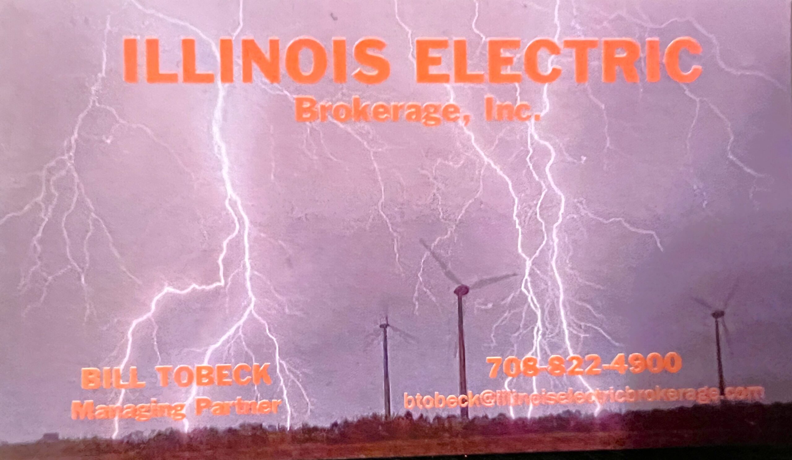 Business card design for Illinois Electric Brokerage, featuring lightning and wind turbines, with contact details for Managing Partner Bill Tobeck.